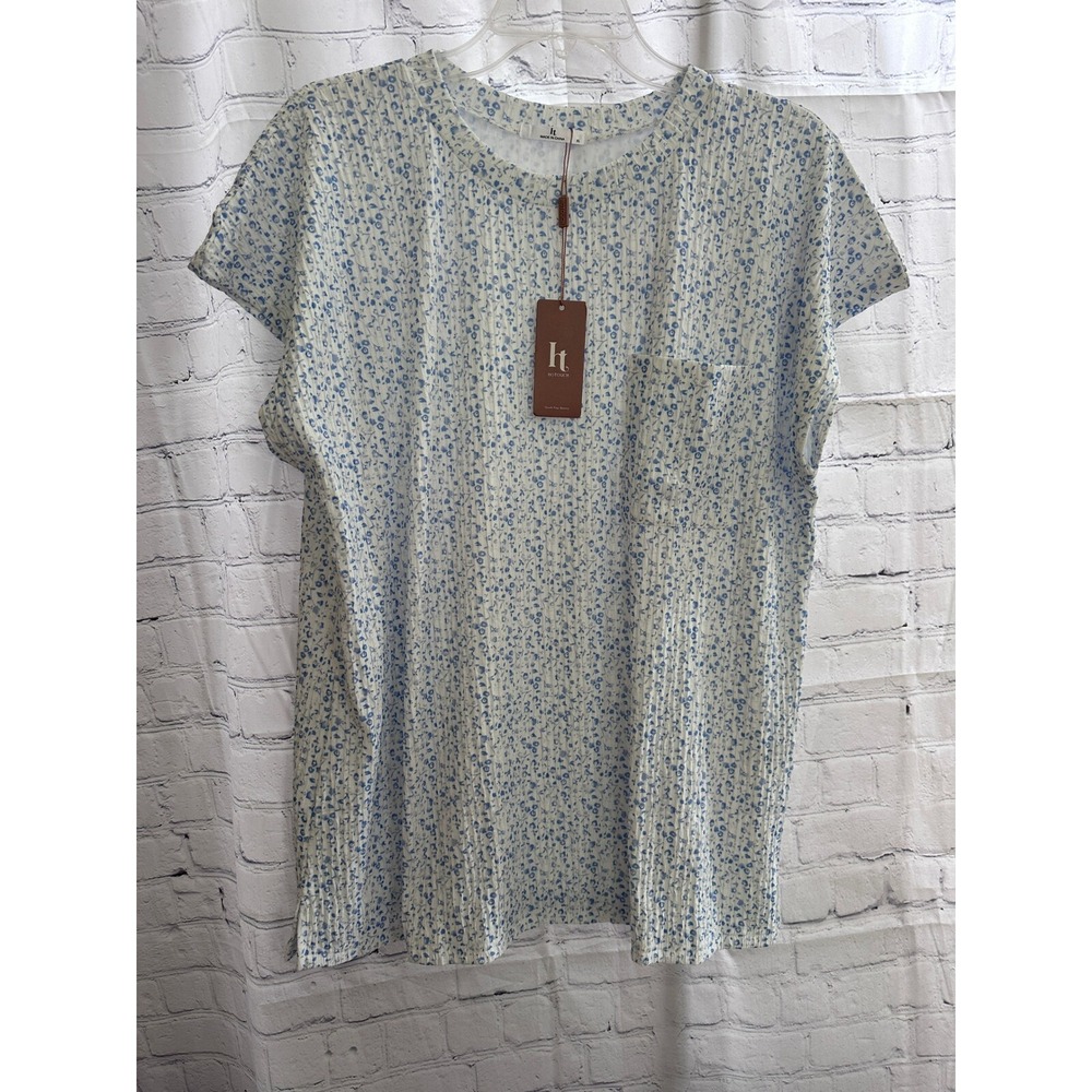 HOTOUCH Floral Print T-Shirt Pleated Short Sleeve Top Casual XL
